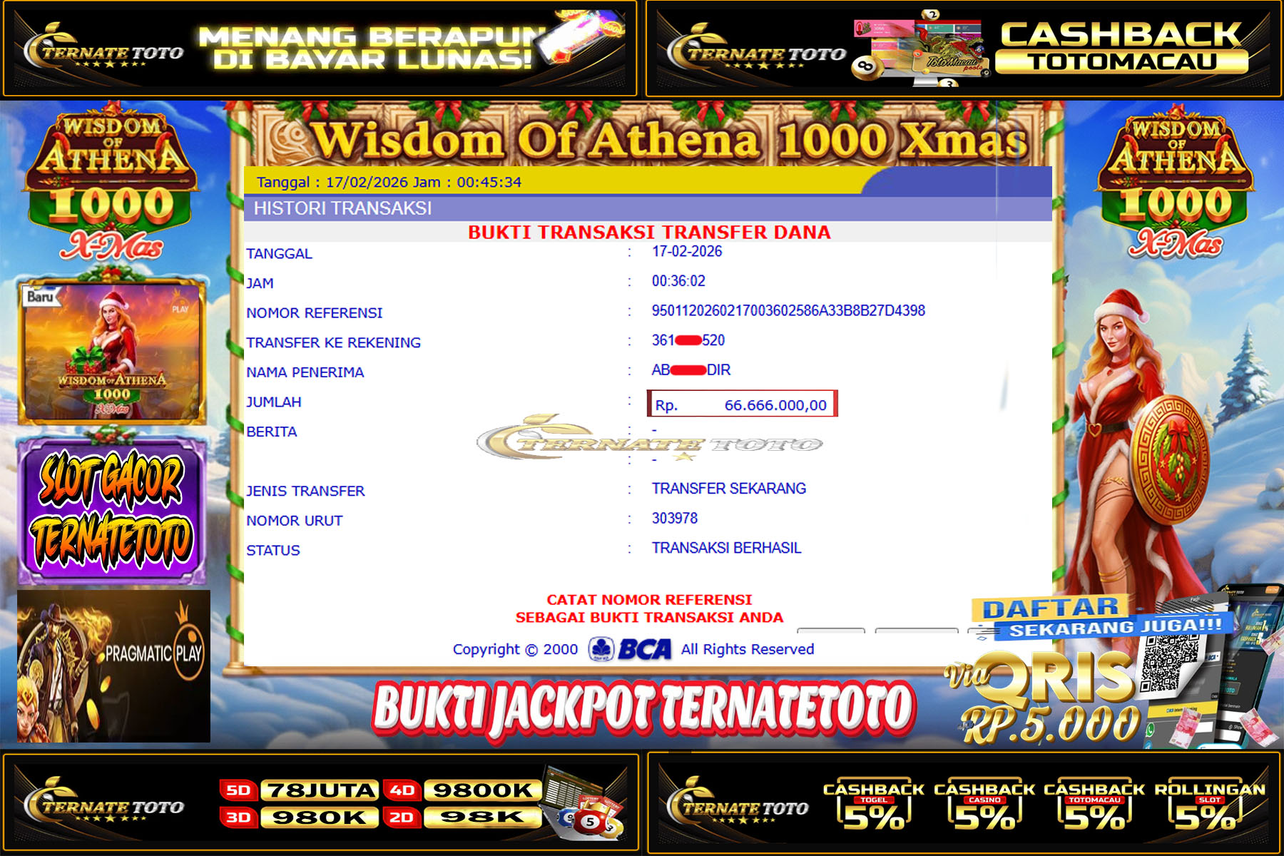 TERNATETOTO - WISDOM OF ATHENA 1000 X MAS  PRAGMATIC Rp.66,666,000,-